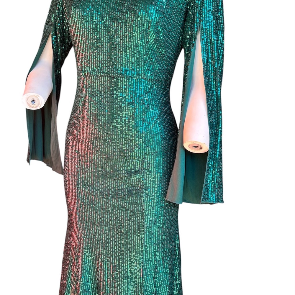 COOAN Green Sequin Bodycon Knee Length Dress Slit Sleeve V-Neck Women size L